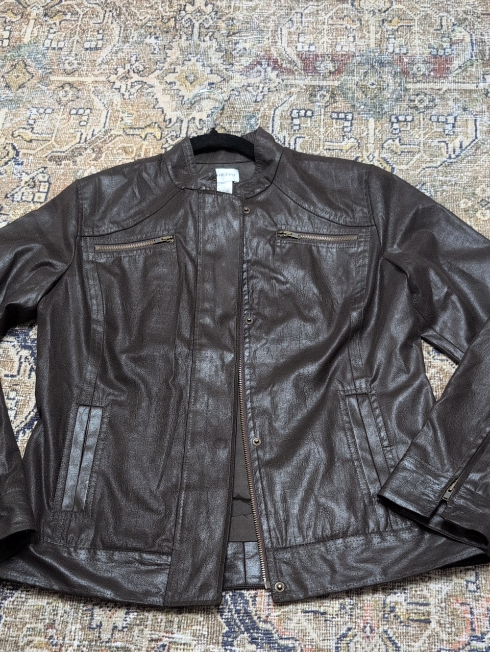 Chico's women's s Dark Brown faux Leather Bomber Jacket